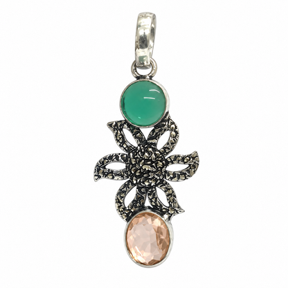 Green Agate Citrine Floral Pendant Boho Artisan Jewelry PEN523-SLV-LMUL02