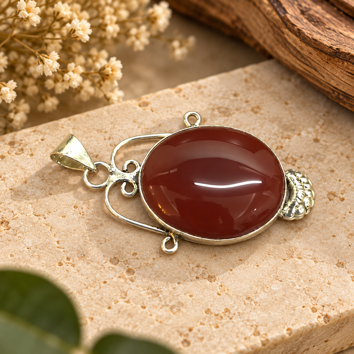 Red Onyx Pendant, Natural Gemstone Boho Statement Jewelry PEN524-SLV-NRO01