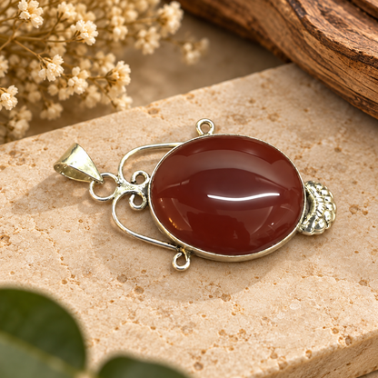 Red Onyx Pendant, Natural Gemstone Boho Statement Jewelry PEN524-SLV-NRO01