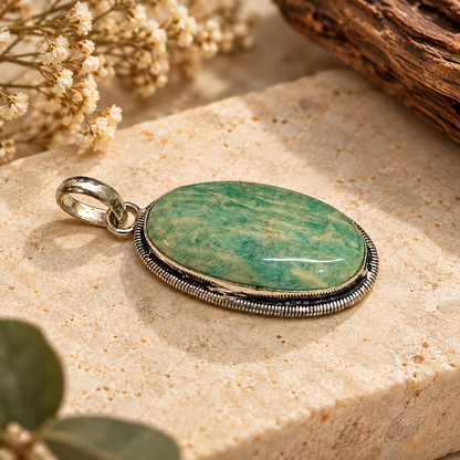 Amazonite Oval Pendant, Green Gemstone Boho Statement Jewelry PEN525-SLV-NAMZ01