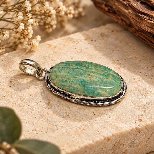Amazonite Oval Pendant, Green Gemstone Boho Statement Jewelry PEN525-SLV-NAMZ01
