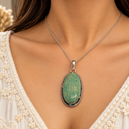 Amazonite Oval Pendant, Green Gemstone Boho Statement Jewelry PEN525-SLV-NAMZ01