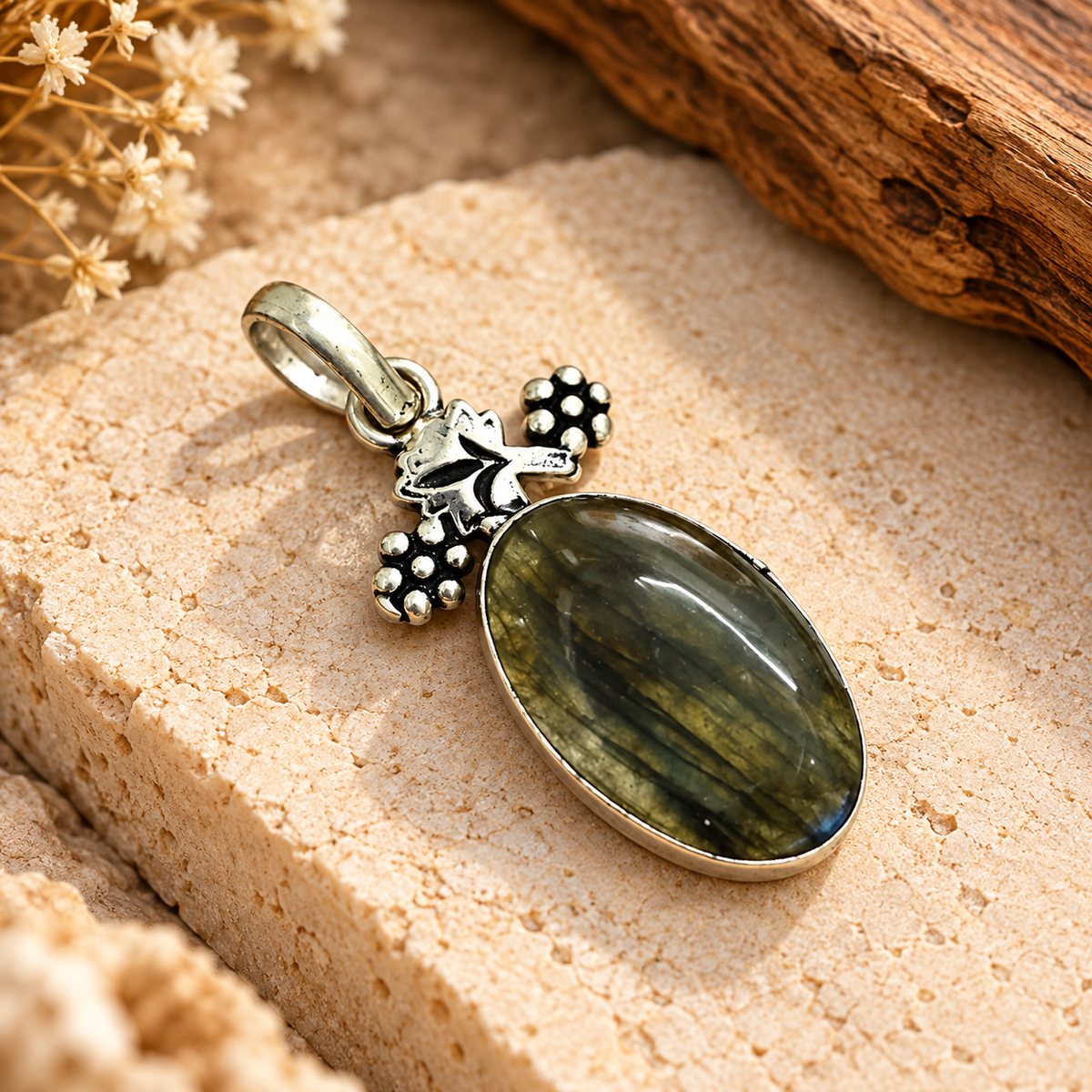 Labradorite Floral Pendant, Natural Gemstone Boho Jewelry PEN526-SLV-NLBD01