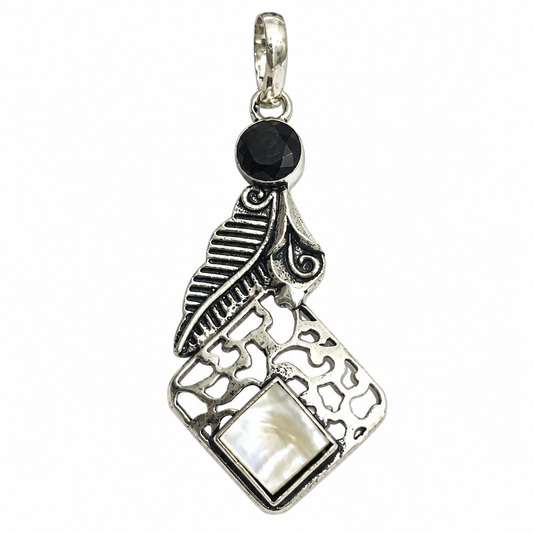 Black Spinel Mother of Pearl Feather Pendant Boho Jewelry PEN527-SLV-LBLKSPL-NMOP02