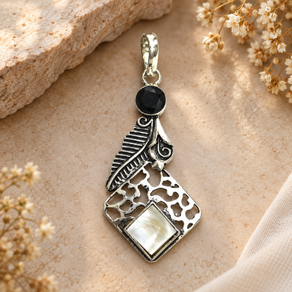 Black Spinel Mother of Pearl Feather Pendant Boho Jewelry PEN527-SLV-LBLKSPL-NMOP02