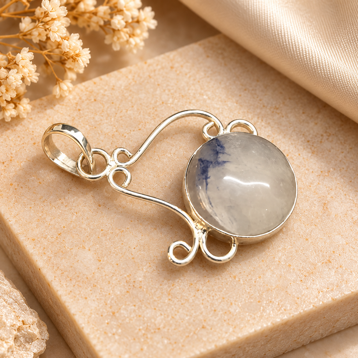Rose Quartz Pendant, Natural Gemstone Boho Statement Jewelry PEN528-SLV-NRQ01