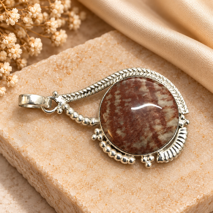 Picture Jasper Pendant, Natural Stone Boho Statement Jewelry PEN529-SLV-NPJR01