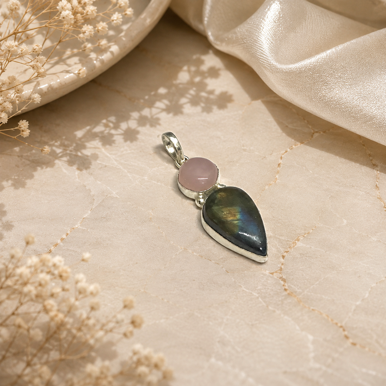 Rose Quartz Labradorite Pendant Natural Gemstone Double Stone Jewelry PEN53-SLV-NLBD-NRQ02
