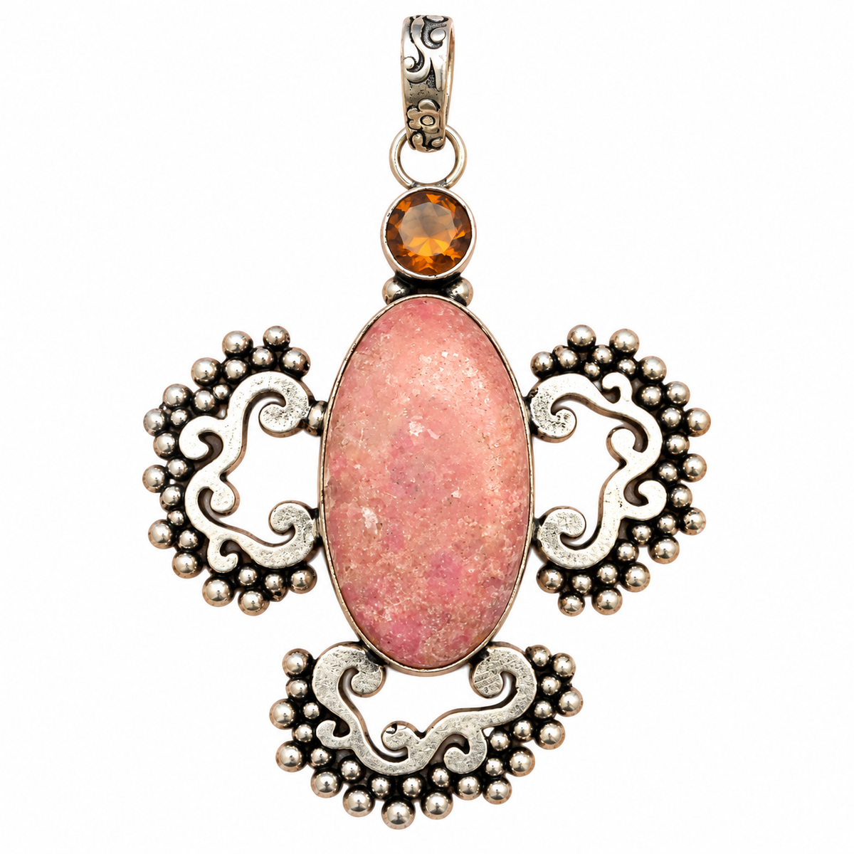 Pink Gemstone Statement Pendant, Boho Silver Tribal Necklace PEN532-SLV-LQUA-NJR02