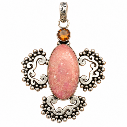 Pink Gemstone Statement Pendant, Boho Silver Tribal Necklace PEN532-SLV-LQUA-NJR02