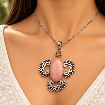 Pink Gemstone Statement Pendant, Boho Silver Tribal Necklace PEN532-SLV-LQUA-NJR02
