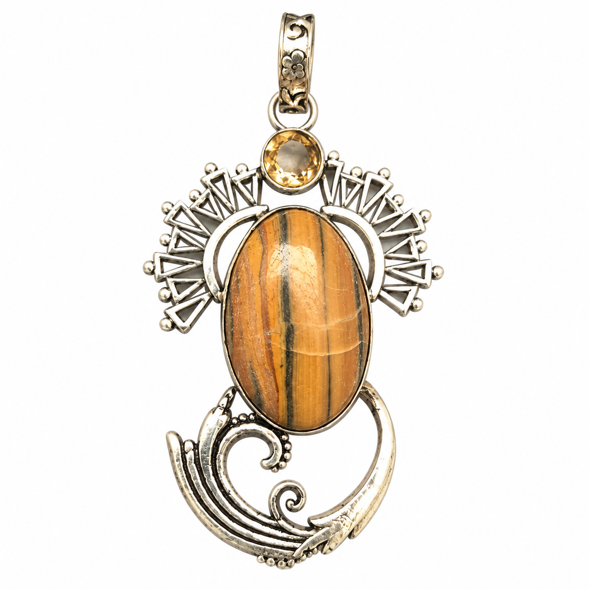 Jasper Stone Statement Pendant, Boho Tribal Silver Jewelry PEN533-SLV-LQUA-NJR02