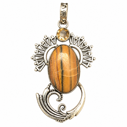 Jasper Stone Statement Pendant, Boho Tribal Silver Jewelry PEN533-SLV-LQUA-NJR02