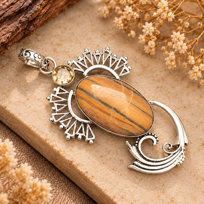 Jasper Stone Statement Pendant, Boho Tribal Silver Jewelry PEN533-SLV-LQUA-NJR02