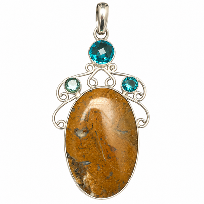 Jasper Statement Pendant, Natural Stone Boho Tribal Silver Jewelry PEN535-SLV-LQUA-NJR04