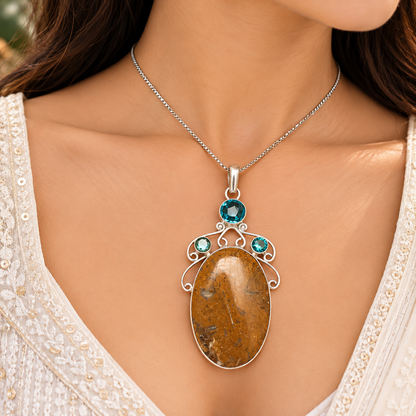 Jasper Statement Pendant, Natural Stone Boho Tribal Silver Jewelry PEN535-SLV-LQUA-NJR04