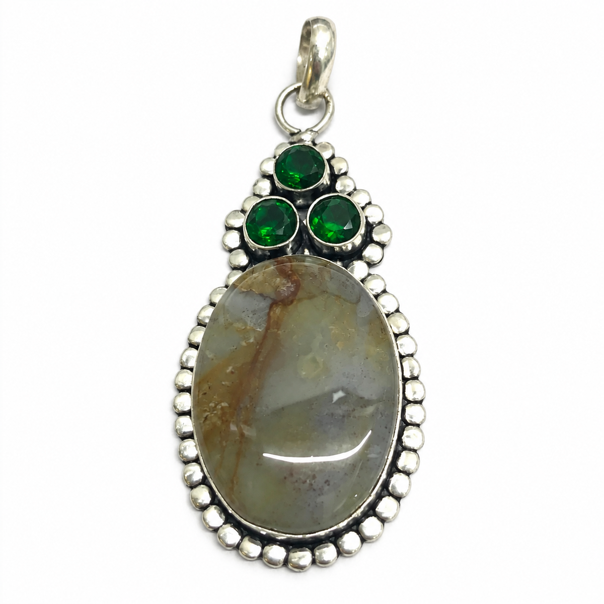 Jasper Green Gemstone Pendant Boho Artisan Statement Jewelry PEN536-SLV-LQUA-NJR04