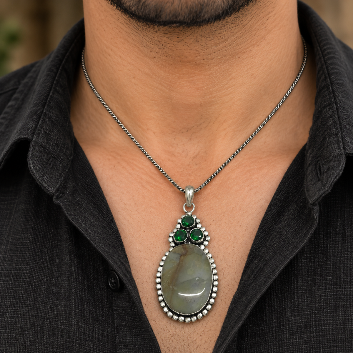 Jasper Green Gemstone Pendant Boho Artisan Statement Jewelry PEN536-SLV-LQUA-NJR04