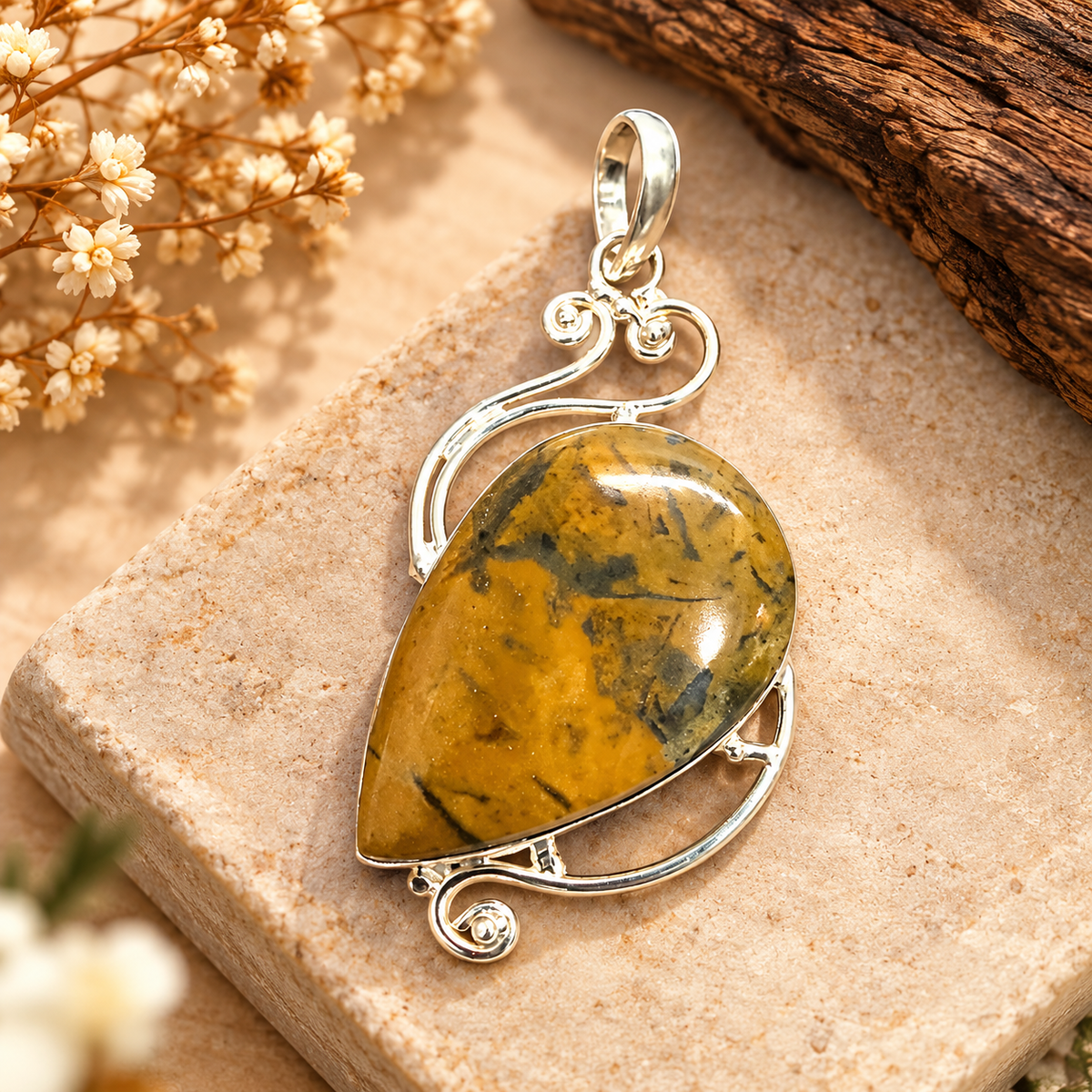 Natural Jasper Pendant, Golden Boho Statement Jewelry PEN538-SLV-SLV-NJR01