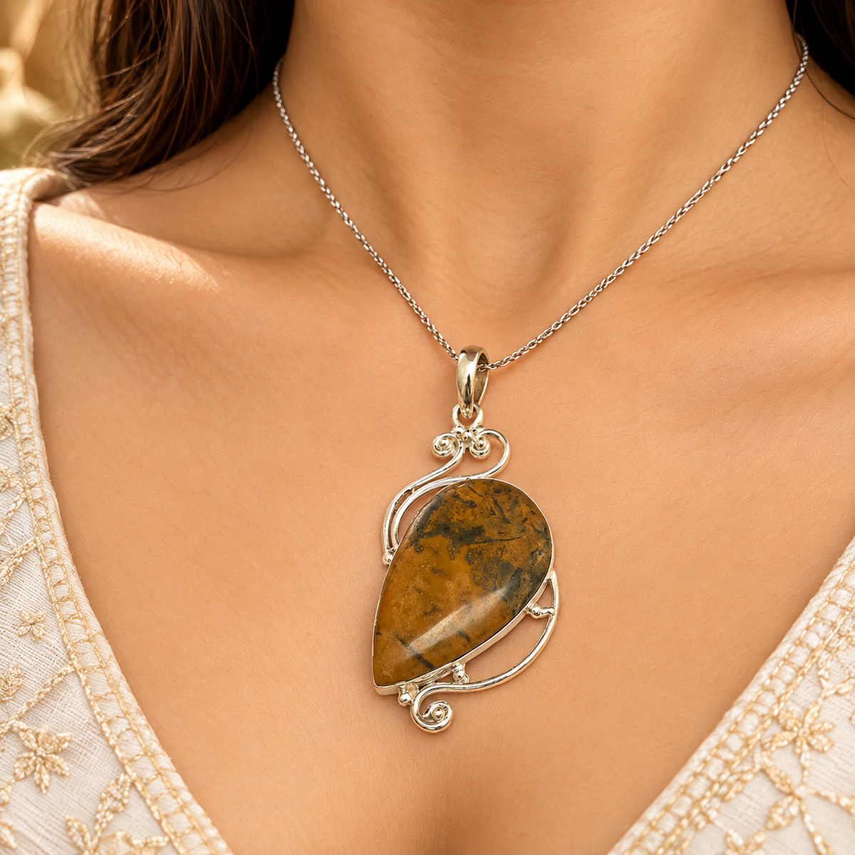 Natural Jasper Pendant, Golden Boho Statement Jewelry PEN538-SLV-SLV-NJR01