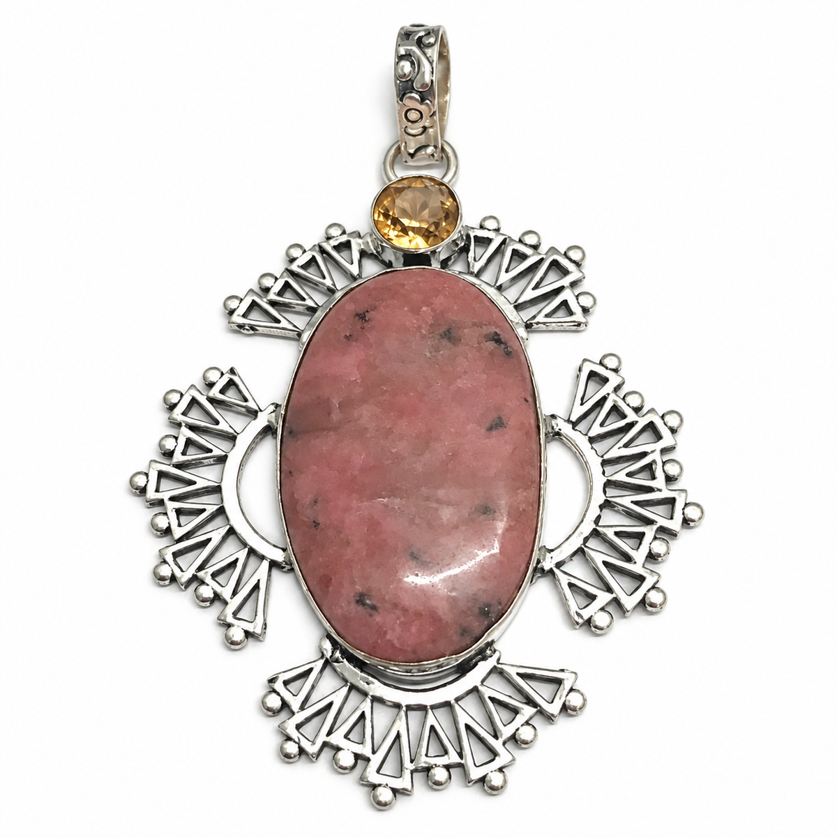 Natural Rhodochrosite Pendant, Pink Stone Boho Statement Jewelry PEN539-SLV-LCHQ-NRHO02