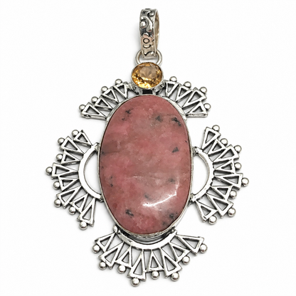Natural Rhodochrosite Pendant, Pink Stone Boho Statement Jewelry PEN539-SLV-LCHQ-NRHO02