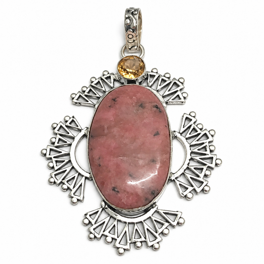 Natural Rhodochrosite Pendant, Pink Stone Boho Statement Jewelry PEN539-SLV-LCHQ-NRHO02