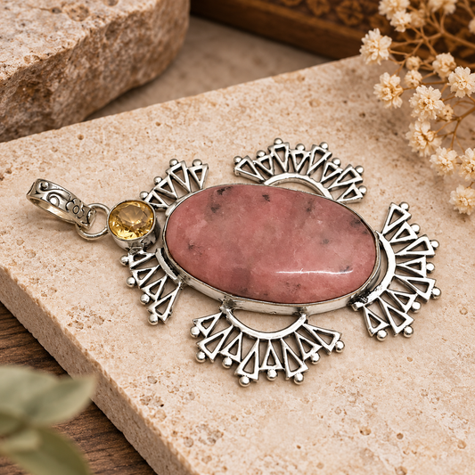 Natural Rhodochrosite Pendant, Pink Stone Boho Statement Jewelry PEN539-SLV-LCHQ-NRHO02