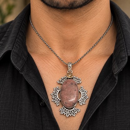 Natural Rhodochrosite Pendant, Pink Stone Boho Statement Jewelry PEN539-SLV-LCHQ-NRHO02