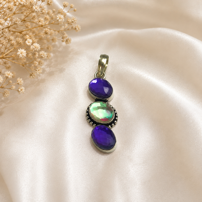 Rainbow Quartz Amethyst Inspired Triple Stone Boho Statement Pendant PEN54-SLV-LRBQ03