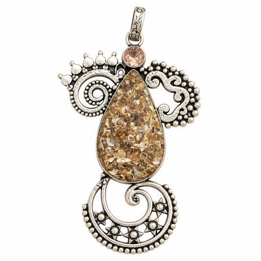 Turritella Fossil Pendant, Natural Stone Boho Statement Jewelry PEN542-SLV-LQUA-RTT02
