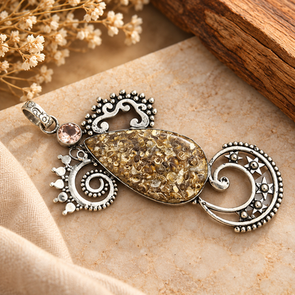 Turritella Fossil Pendant, Natural Stone Boho Statement Jewelry PEN542-SLV-LQUA-RTT02