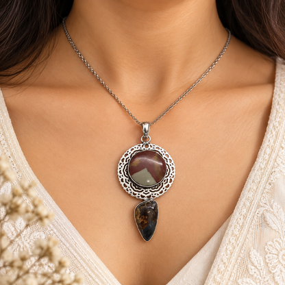 Natural Jasper Pendant, Boho Statement Silver Gemstone Jewelry PEN543-SLV-NRJR-NPT02