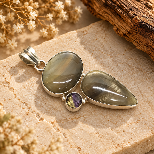 Jasper Pendant, Natural Green Stone Boho Statement Silver Jewelry PEN544-SLV-NJR-LQUA03