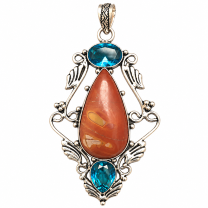 Natural Jasper Pendant, Red Stone Boho Statement Silver Jewelry PEN546-SLV-LQUA-NRJR03
