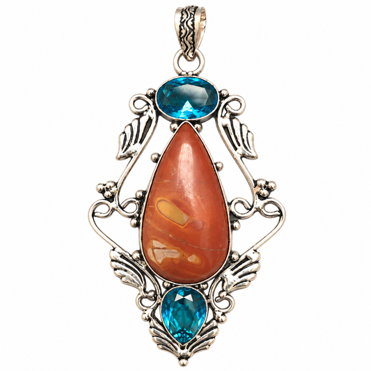 Natural Jasper Pendant, Red Stone Boho Statement Silver Jewelry PEN546-SLV-LQUA-NRJR03