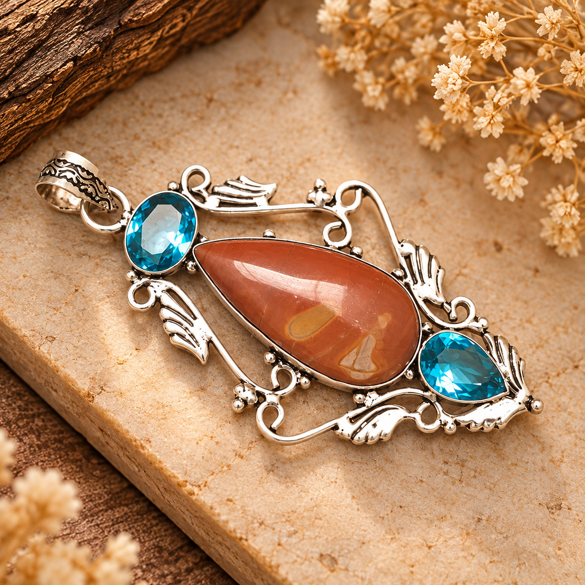 Natural Jasper Pendant, Red Stone Boho Statement Silver Jewelry PEN546-SLV-LQUA-NRJR03