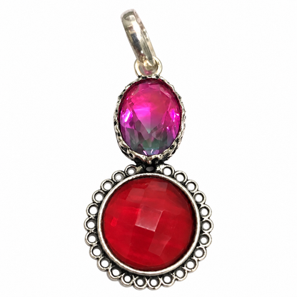 Pink Bio Tourmaline Red Quartz Pendant Boho Statement Jewelry PEN547-SLV-LBTUR-LQUA02
