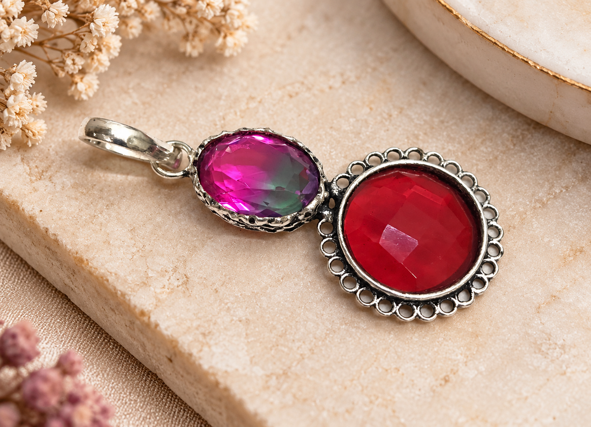 Pink Bio Tourmaline Red Quartz Pendant Boho Statement Jewelry PEN547-SLV-LBTUR-LQUA02