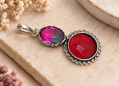 Pink Bio Tourmaline Red Quartz Pendant Boho Statement Jewelry PEN547-SLV-LBTUR-LQUA02