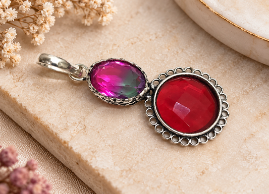 Pink Bio Tourmaline Red Quartz Pendant Boho Statement Jewelry PEN547-SLV-LBTUR-LQUA02