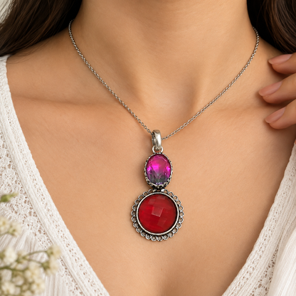 Pink Bio Tourmaline Red Quartz Pendant Boho Statement Jewelry PEN547-SLV-LBTUR-LQUA02