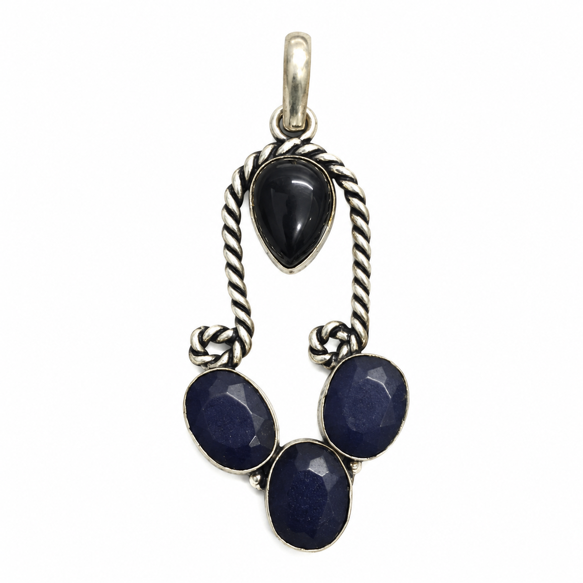 Black Onyx Blue Sapphire Pendant Boho Artisan Statement PEN548-SLV-LBO+LSPH04