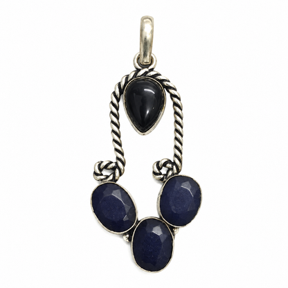 Black Onyx Blue Sapphire Pendant Boho Artisan Statement PEN548-SLV-LBO+LSPH04
