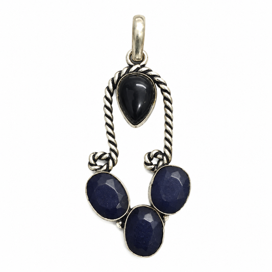 Black Onyx Blue Sapphire Pendant Boho Artisan Statement PEN548-SLV-LBO+LSPH04