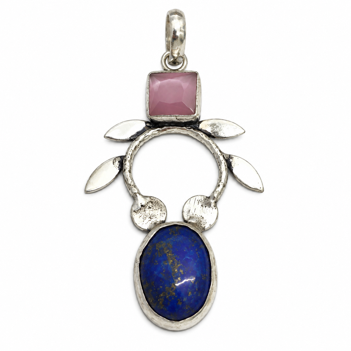 Lapis Lazuli Pink Quartz Pendant Boho Floral Artisan Jewelry PEN549-SLV-LQUA-LLLZ02