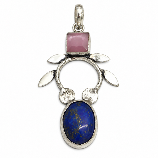 Lapis Lazuli Pink Quartz Pendant Boho Floral Artisan Jewelry PEN549-SLV-LQUA-LLLZ02