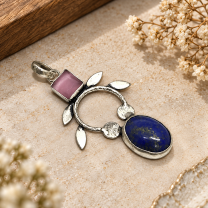 Lapis Lazuli Pink Quartz Pendant Boho Floral Artisan Jewelry PEN549-SLV-LQUA-LLLZ02