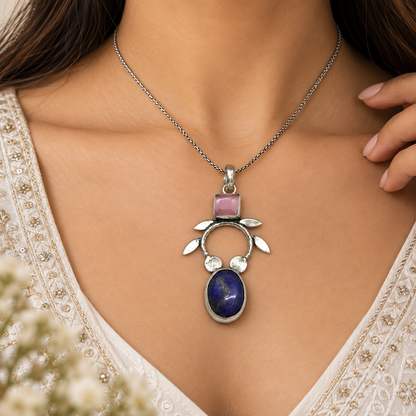 Lapis Lazuli Pink Quartz Pendant Boho Floral Artisan Jewelry PEN549-SLV-LQUA-LLLZ02