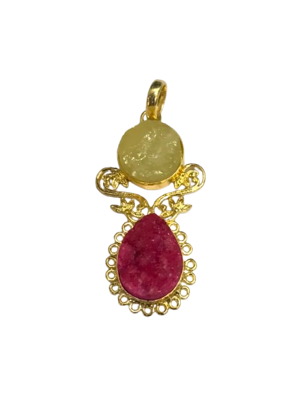 Rough Druzy Lemon Quartz Gold Tone Artisan Boho Teardrop Pendant PEN55-GLD-RDY-NLMQ02